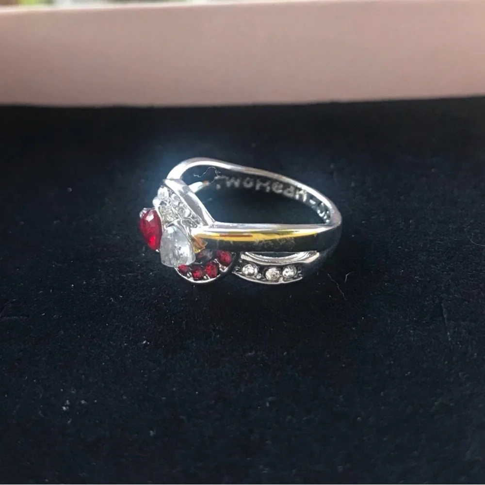 Silver Red and Clear Heart Accent Ring with inscription inside